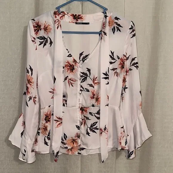 TOKITO 4 White Pink Navy Floral Button Front Bell Sleeve Peplum Tie Blouse - Picture 2 of 12